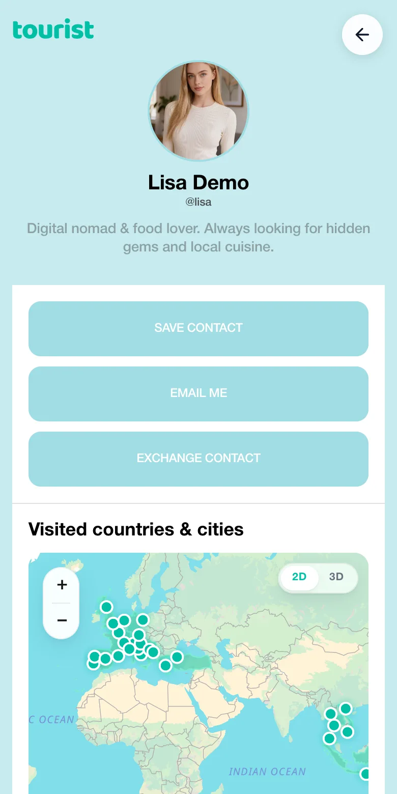 A public Tourist ID page on a phone: photo, nickname, bio, contact buttons and a map of visited countries